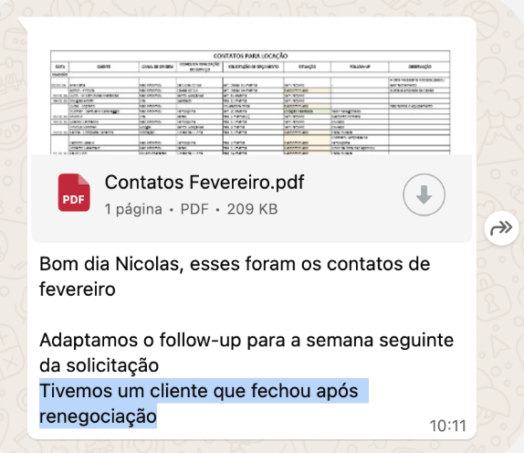 Print de conversa de WhatsApp: cliente relata que fechou contrato após renegociação usando a cadência de follow-up adaptada